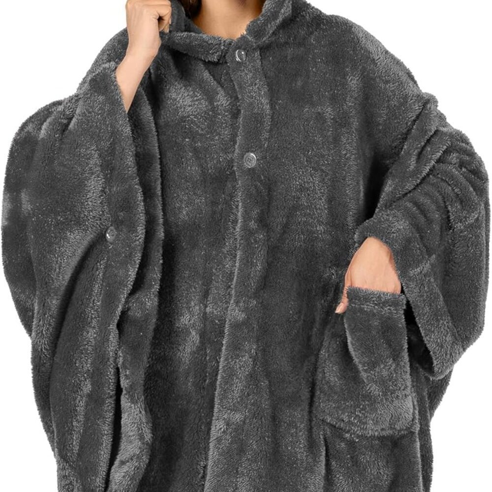 Wearable Blanket Poncho Grey Hooded Wrap for Women